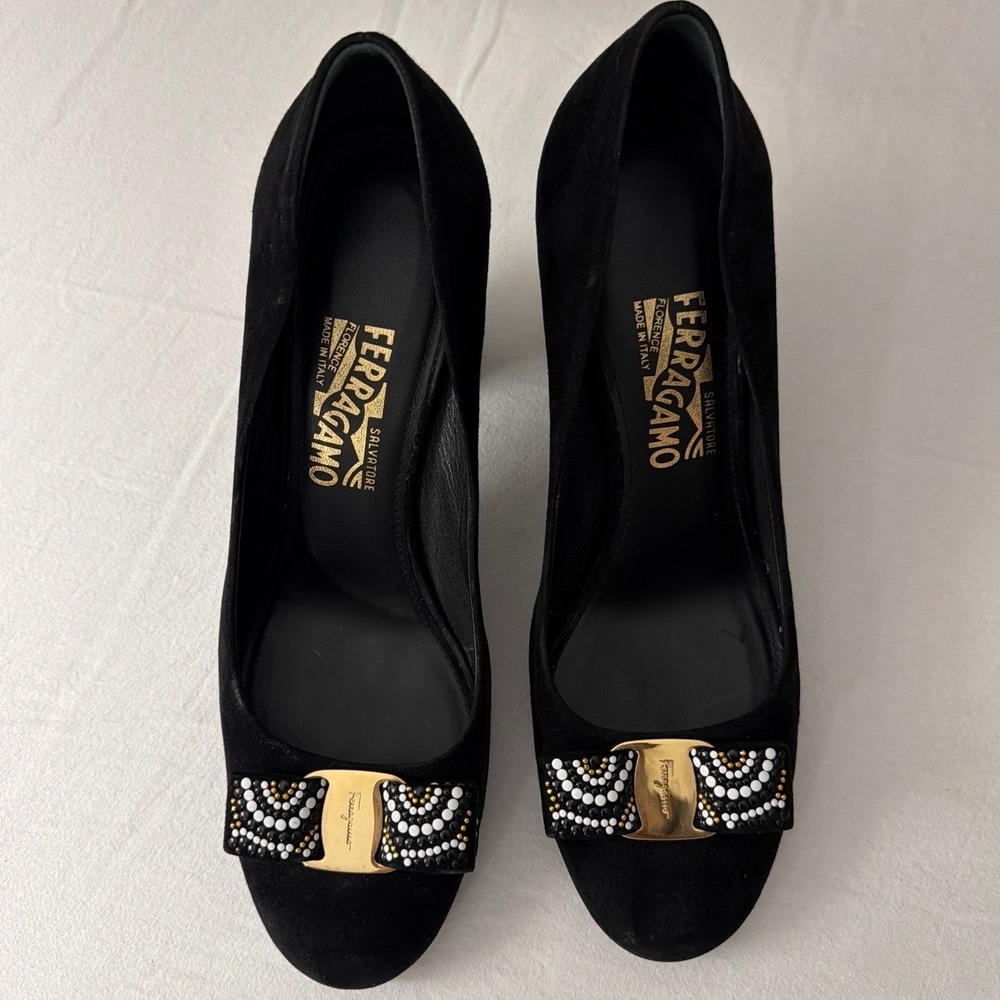 Salvatore Ferragamo Womens Black Suede Beaded Block Heel Vara Bow Pumps 10 B - Picture 2 of 14